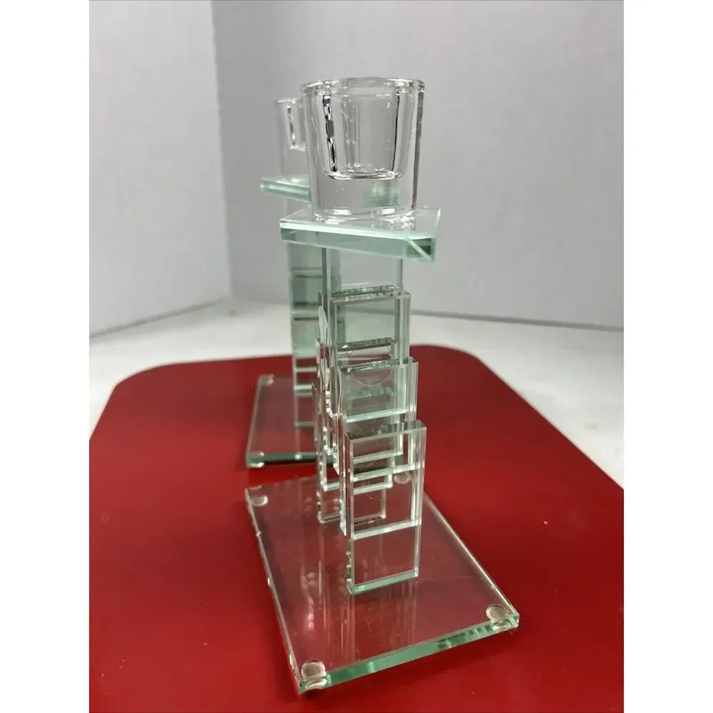 VTG Cut‎ Stacked Glass Candle Holders Art Modern Retro Crystal Heavywt Green 7.5